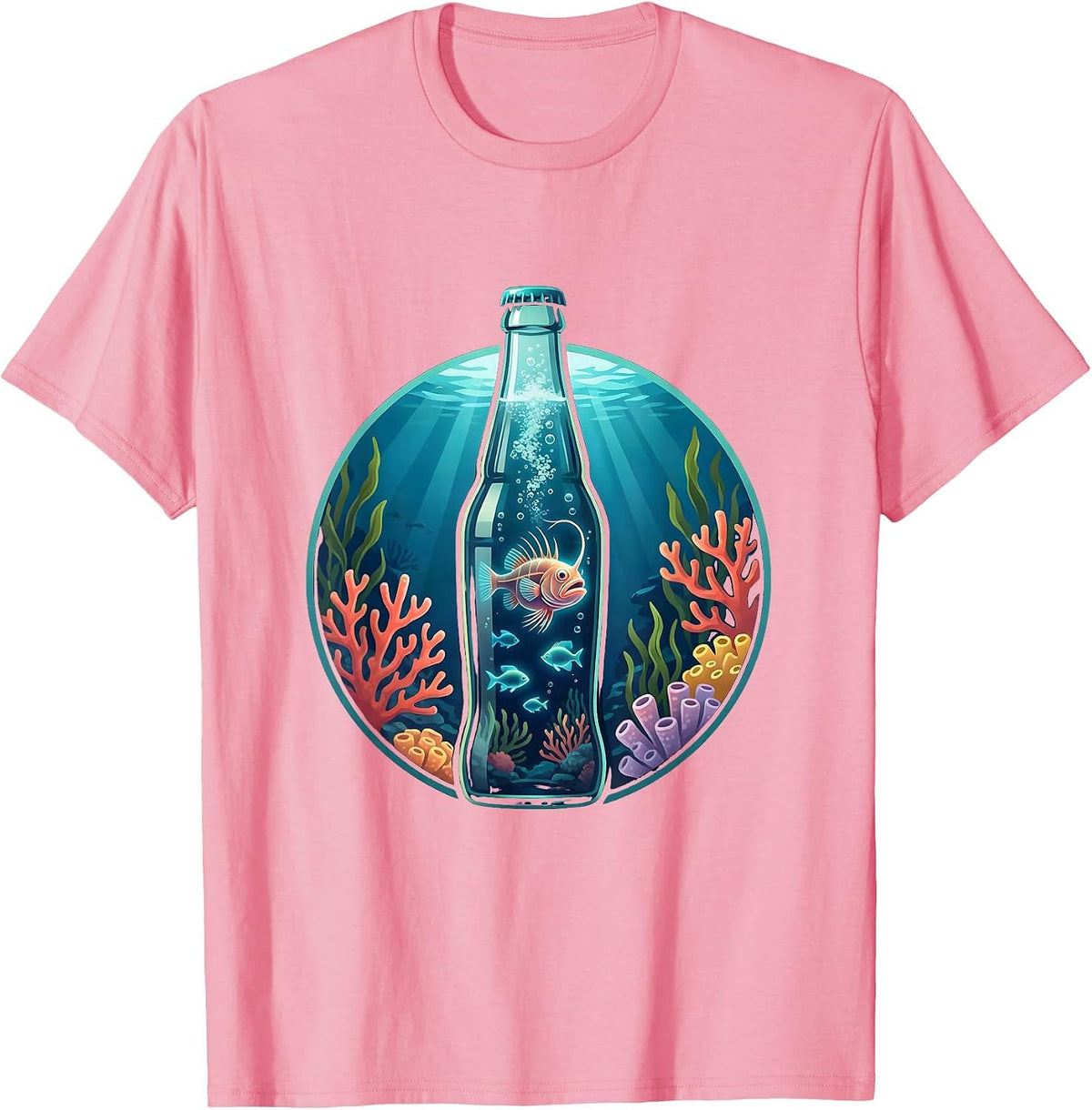 Men's Deep Sea Fish in a Soda Bottle Graphic Tee T-Shirt - Pink