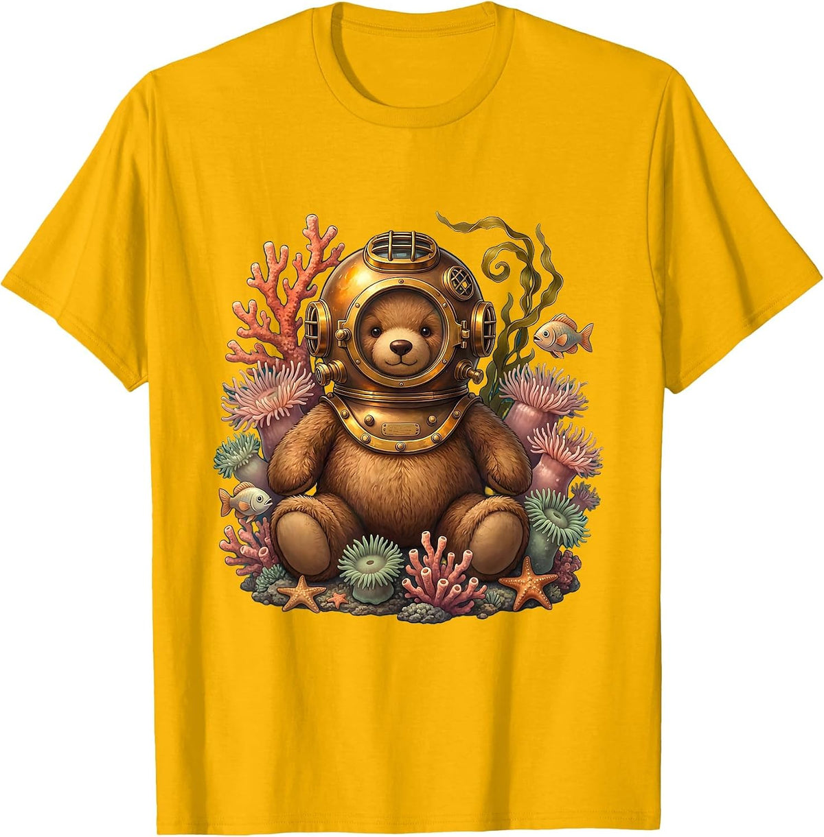Teddy Bear Deep Sea Diver With Fish and Coral T-Shirt - Golden Yellow