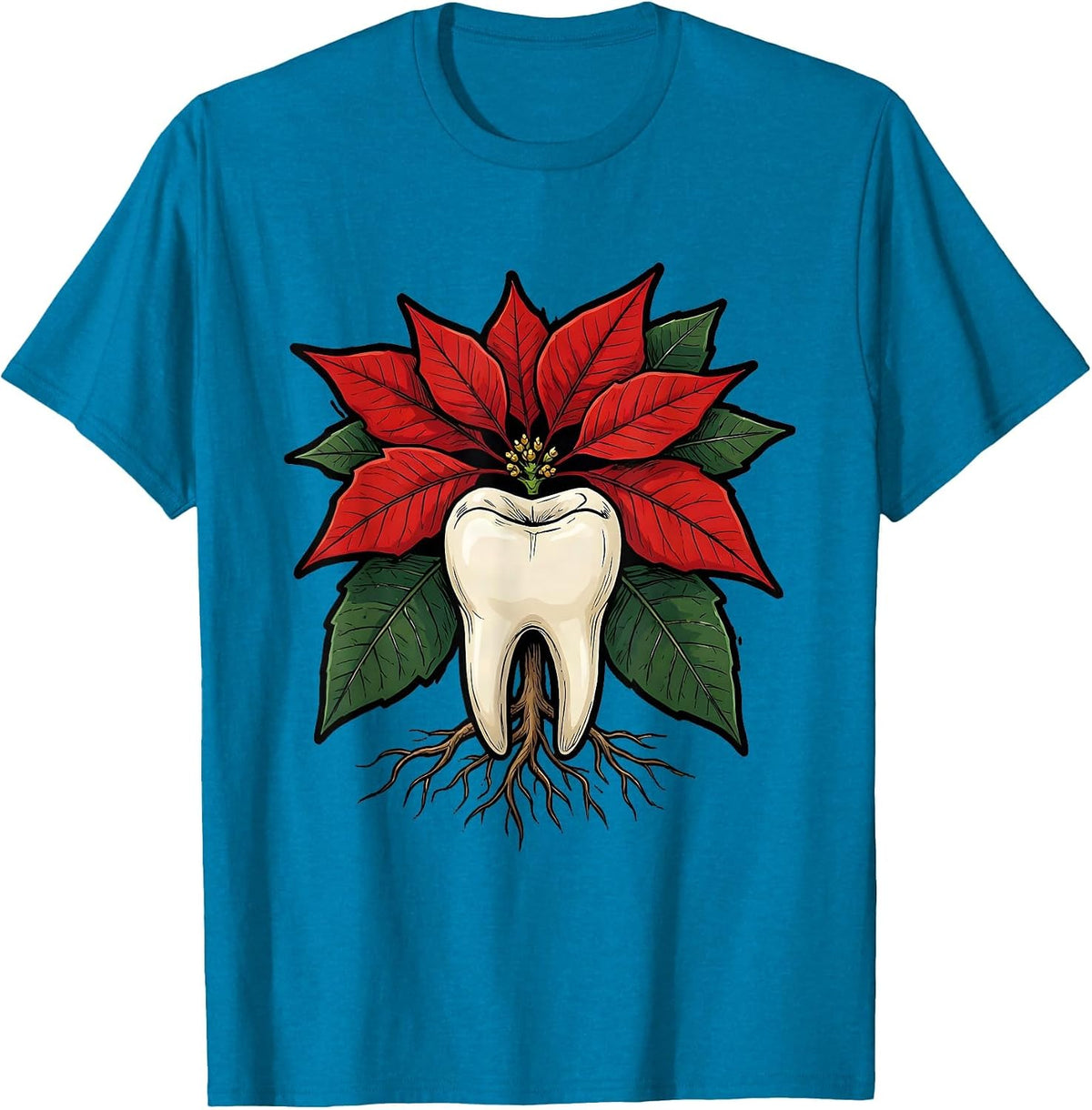 Twin-Root Poinsettia Funny Dental Christmas Dentist Humor T-Shirt - Sapphire Blue
