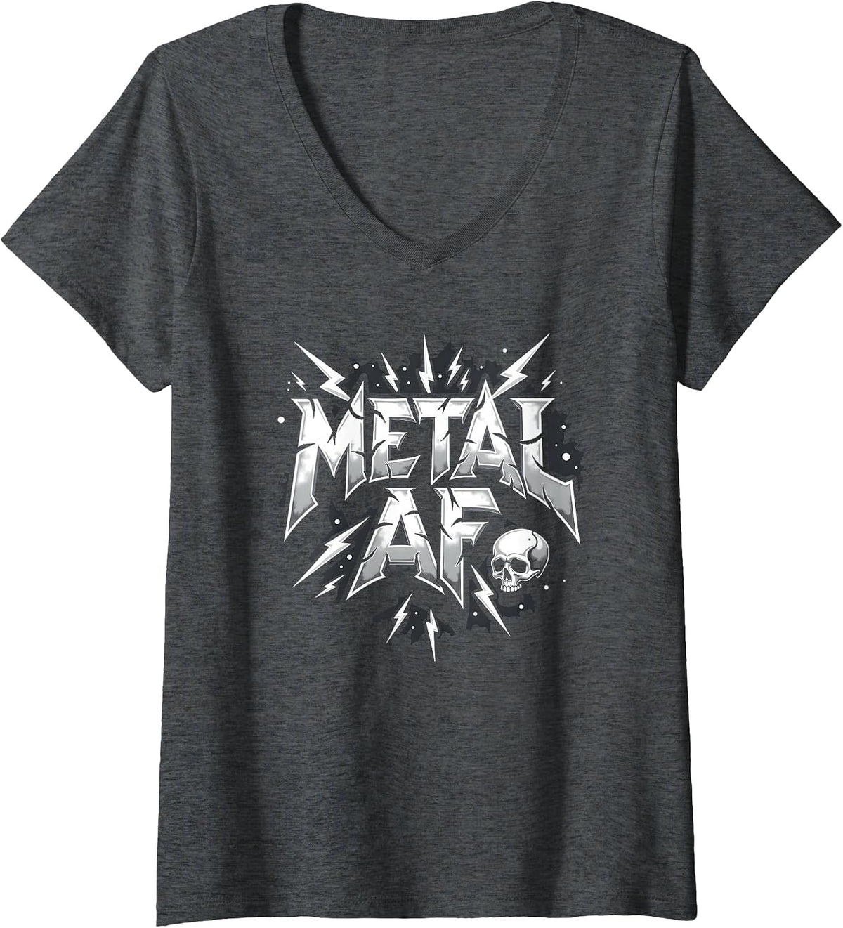 Women's Metal AF Heavy Metal Thunder Skull Rock Rockstar Fan V-Neck T-Shirt - Dark Heather Grey