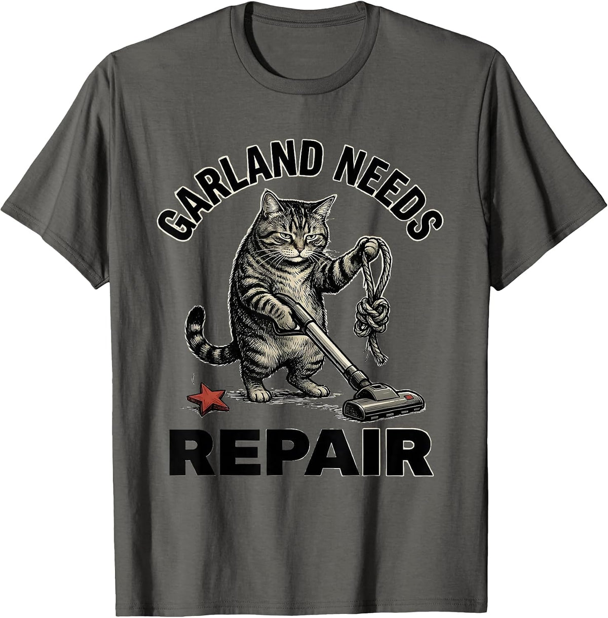 Garland Needs Repair Funny Cat Lover Christmas Grumpy Humor T-Shirt - Asphalt Grey