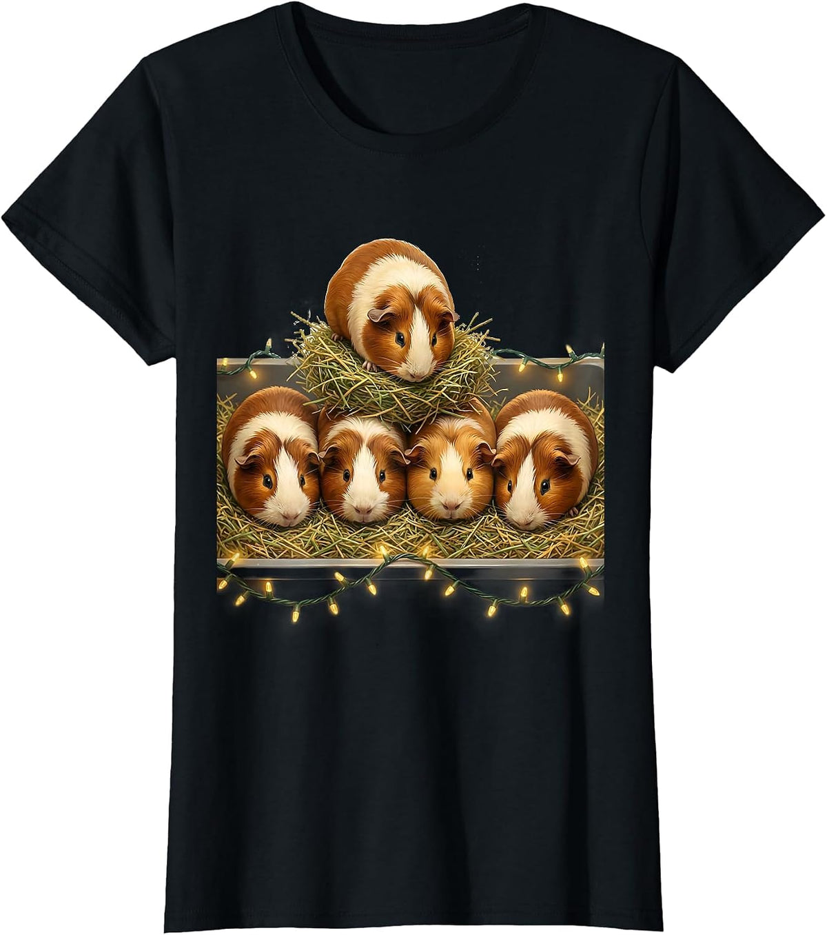 Women's Guinea Pig Christmas Lights Pet Lover Holiday Humor T-Shirt - Black