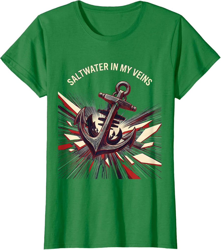 Women's Saltwater In My Veins Navy Ocean Design T-Shirt - Kelly Green