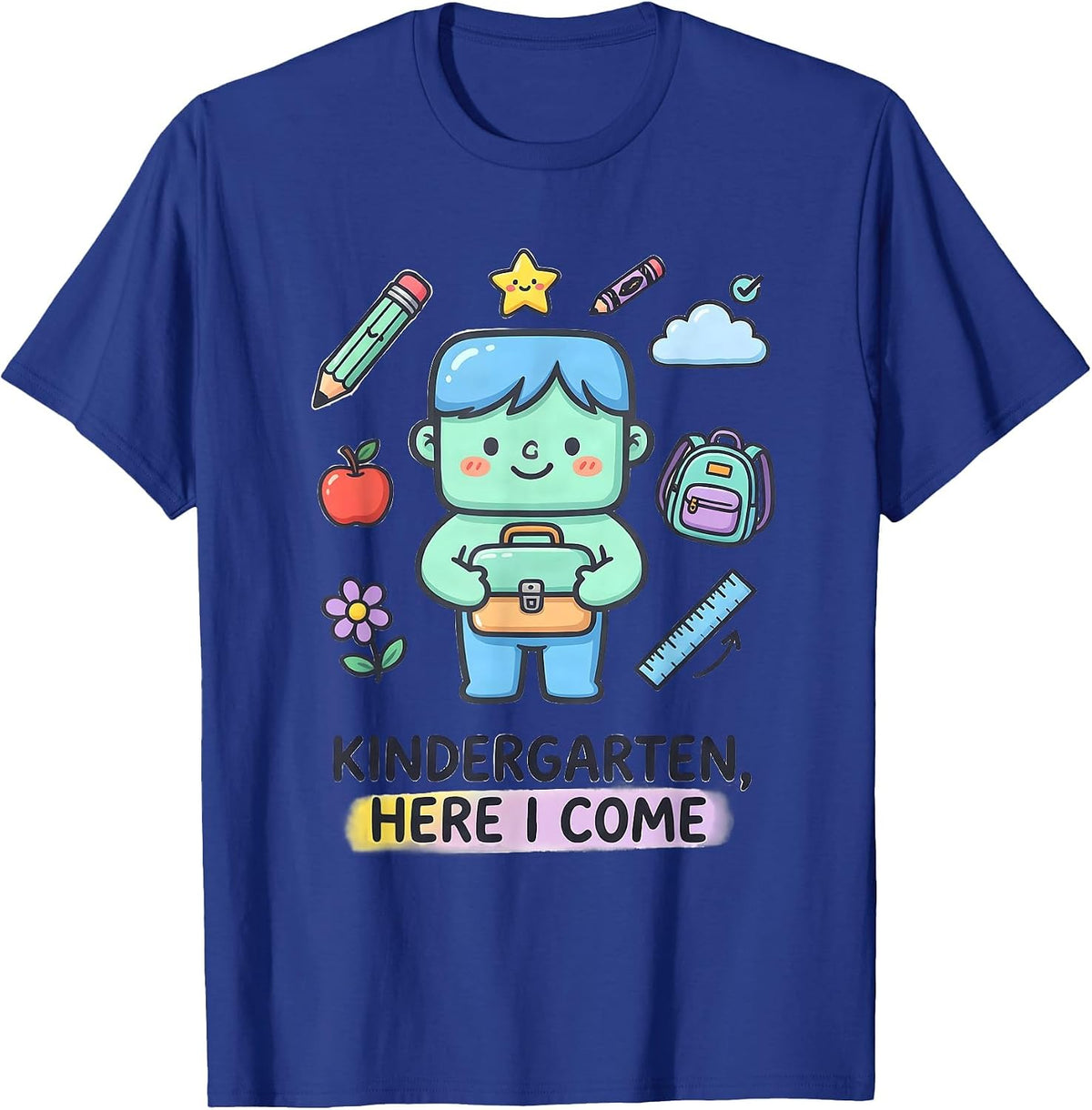 Men's Kindergarten, Here I Come Kawaii Doodle Teacher Back to T-Shirt - Royal Blue