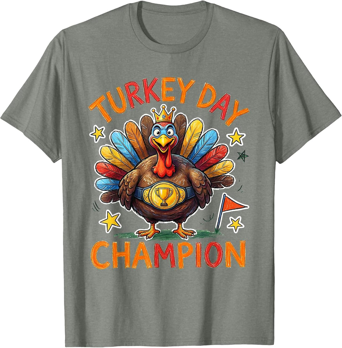 Men's Boys Turkey Day Champion Thanksgiving Design T-Shirt - Olive Heather