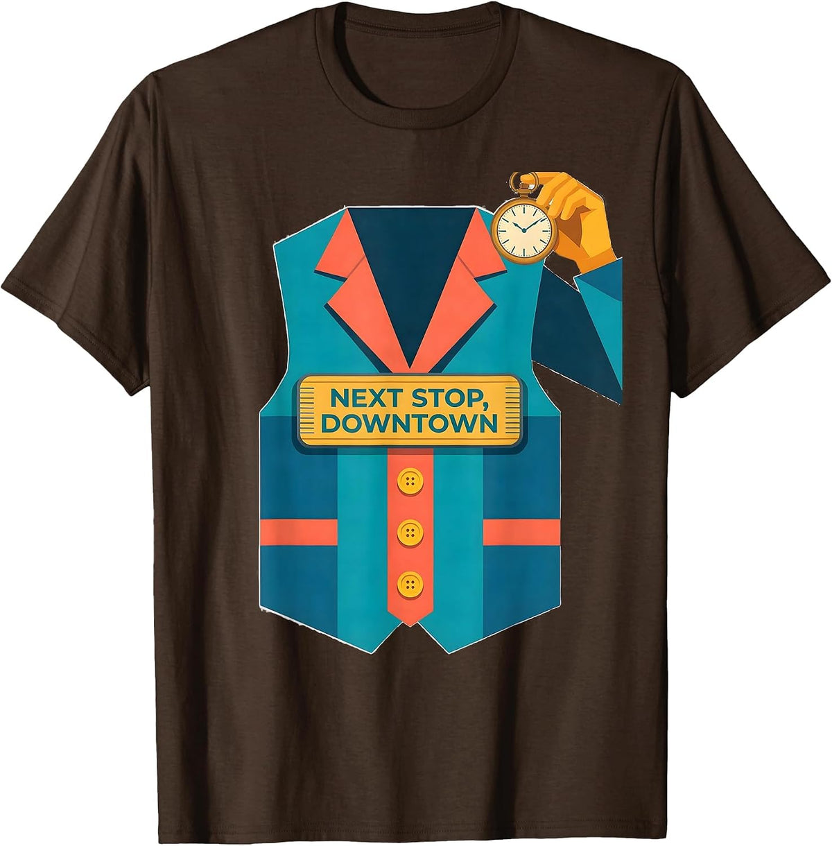 Next Stop, Downtown Flat Vector Halloween Train Conductor T-Shirt - Brown