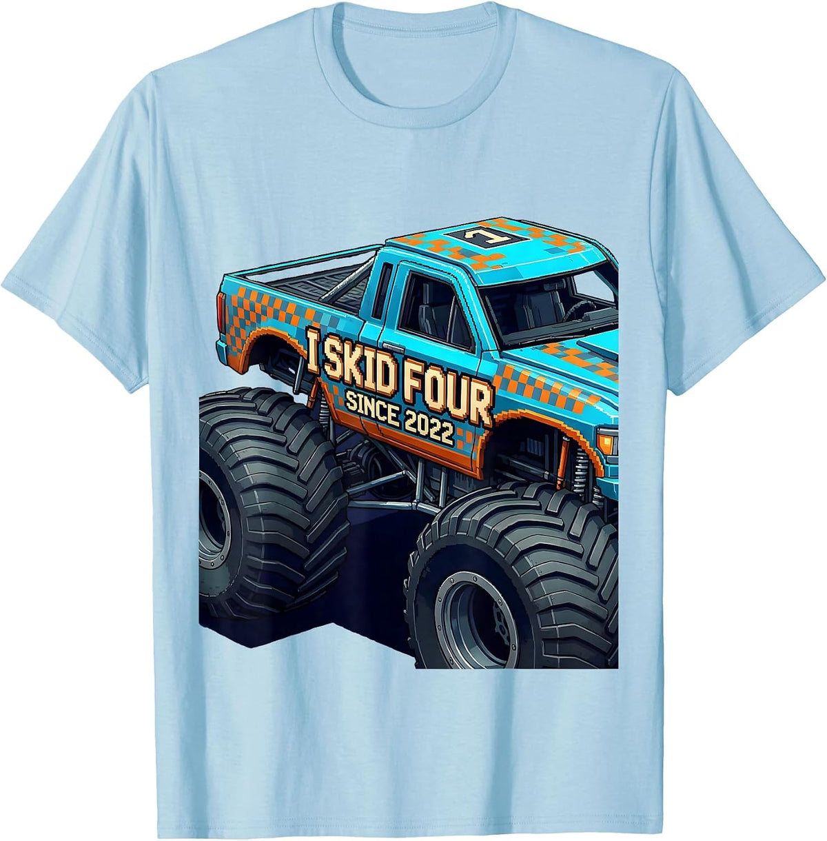 Men's I Skid Four Since 2022 Pixel Art Monster Truck Birthday Boy T-Shirt - Baby Blue