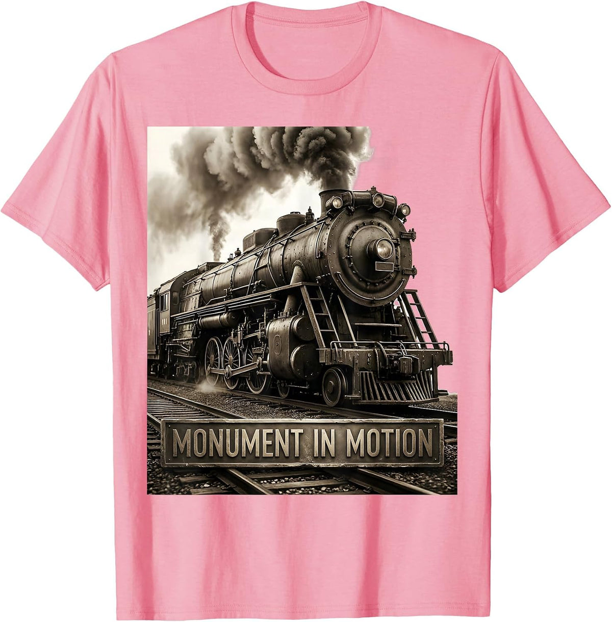 Men's Monument In Motion Monochromatic Steam Locomotive Railroad T-Shirt - Pink