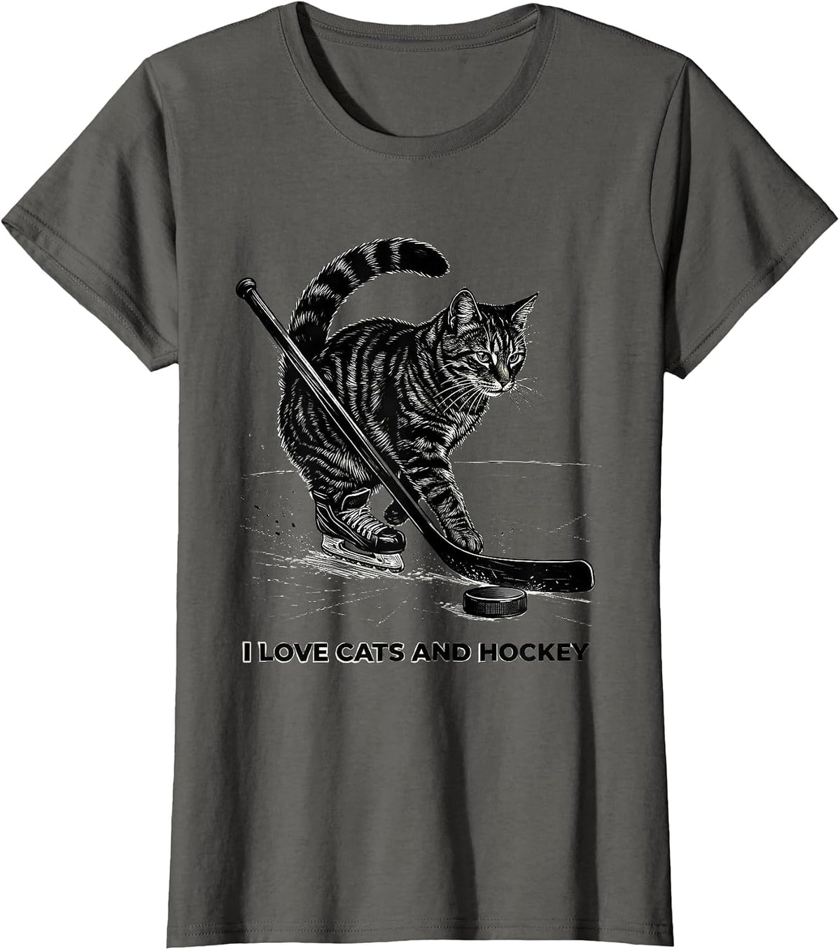 Women's I Love Cats And Hockey Funny Cat Lover Hockey Fan Novelty T-Shirt - Asphalt Grey