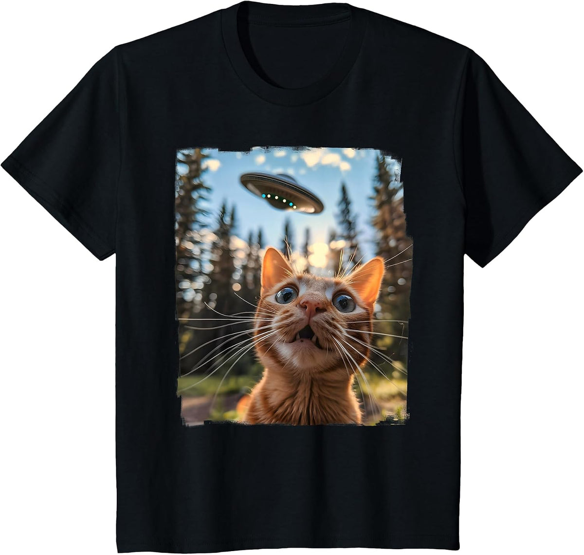 Extraterrestrial Encounter: Cat Selfie with Alien UFO T-Shirt - Black