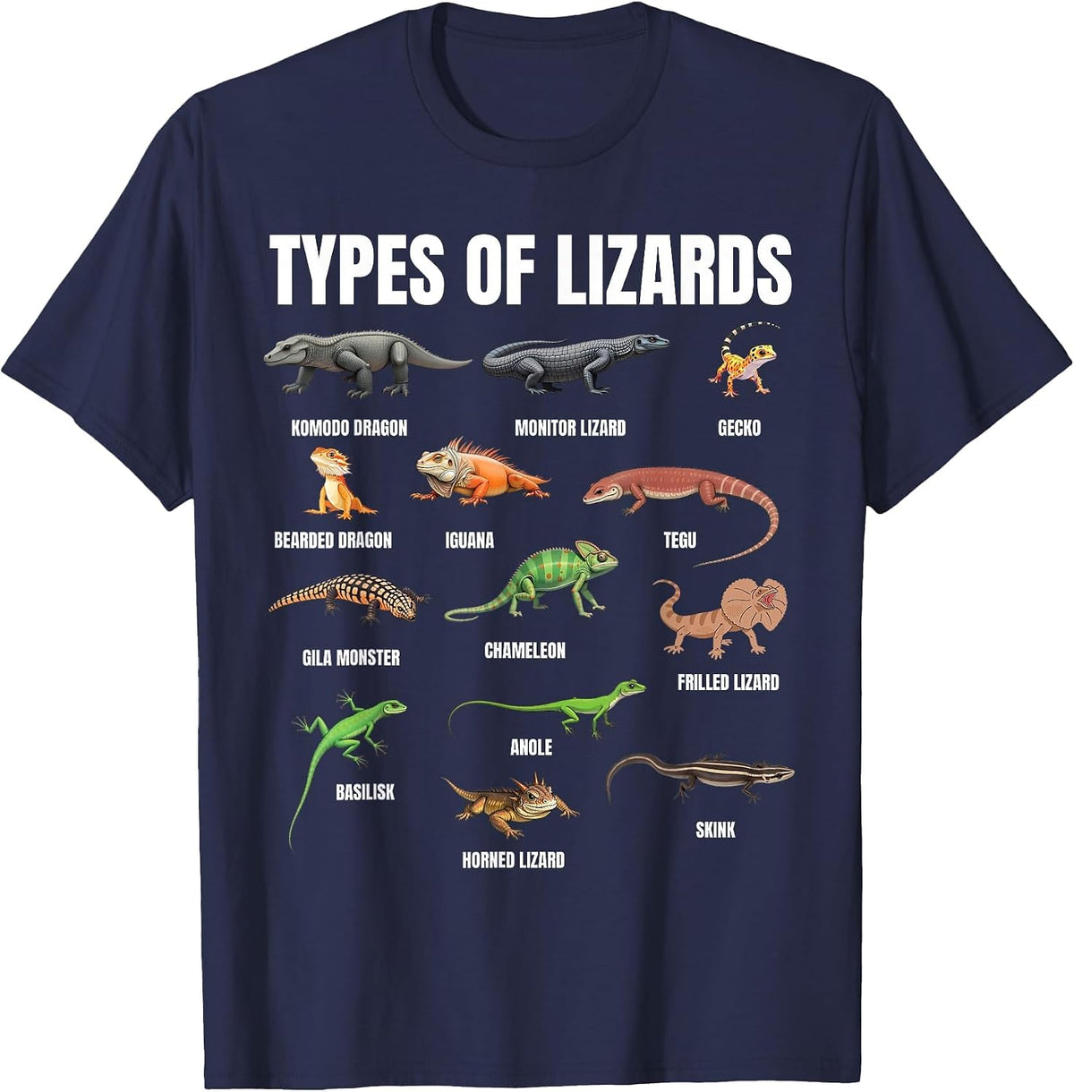 Types of Lizards Educational Herpetologist Kids Boys Girls T-Shirt - Navy Blue