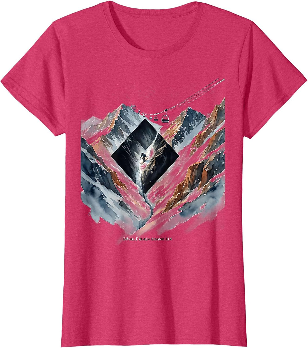 Women's Double Black Character Funny Ski Snowboarder Winter Sports T-Shirt - Red Heather