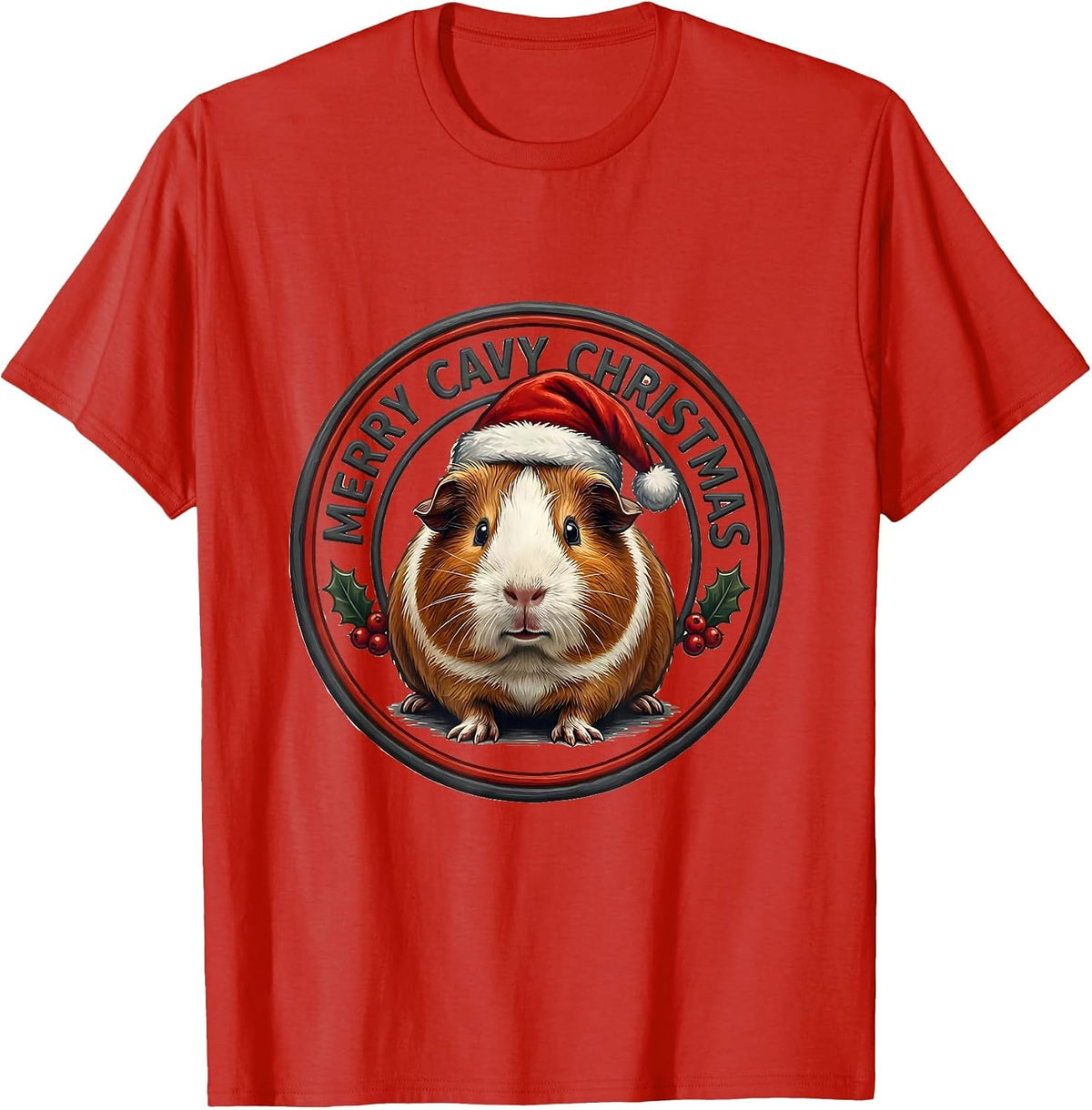 Men's Merry Cavy Christmas Funny Guinea Pig Santa Hat Holiday T-Shirt - Red