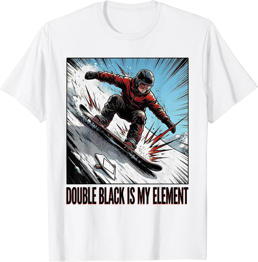 Men's Double Black Is My Element Comic Book Snowboarder Winter T-Shirt - White