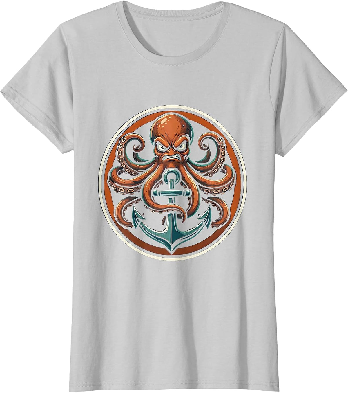 Octopus Tentacles Wrapped Around Anchor Design T-Shirt - Silver Grey