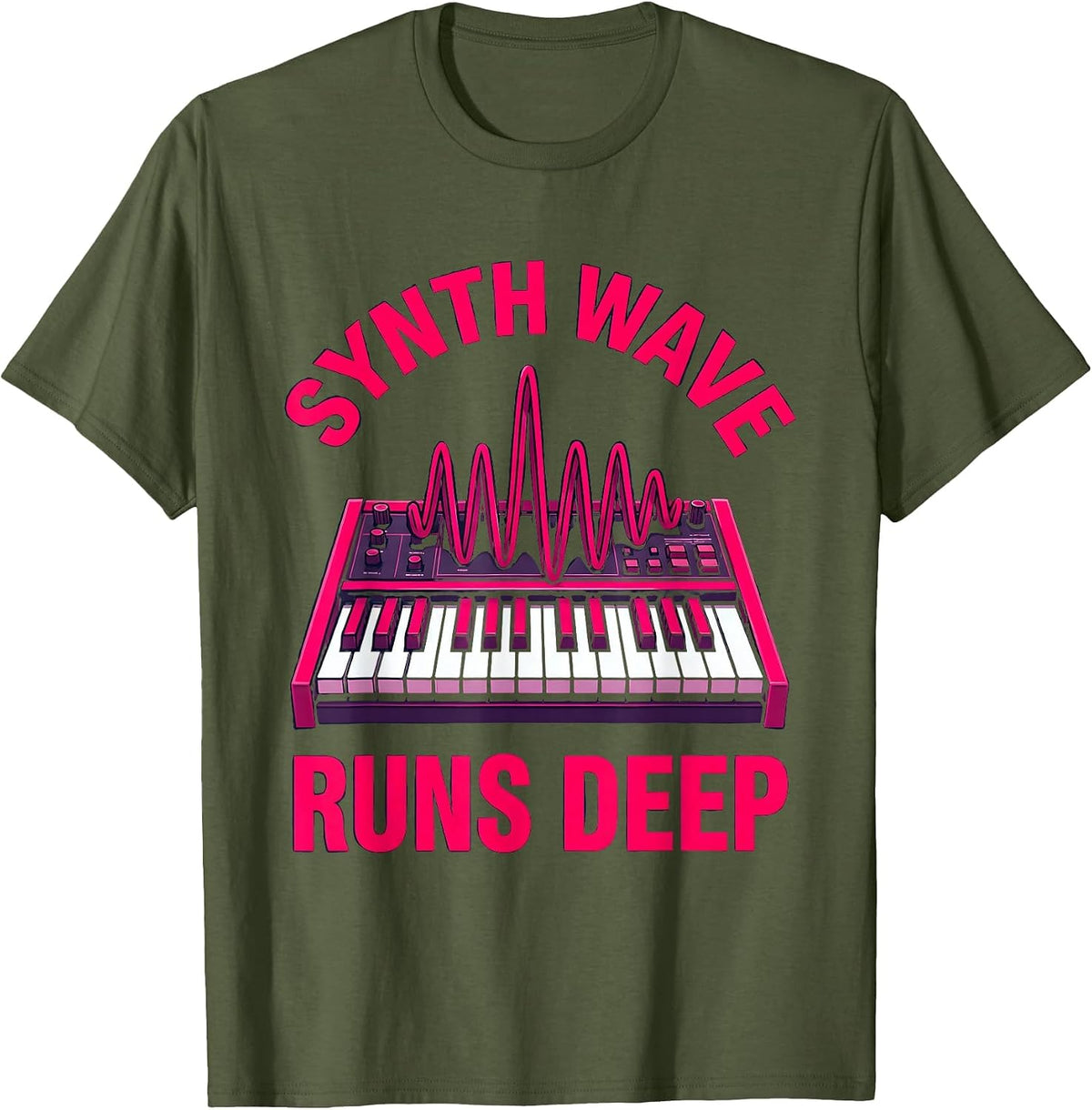 Synth Wave Runs Deep 80s Retro Design T-Shirt - Olive Green