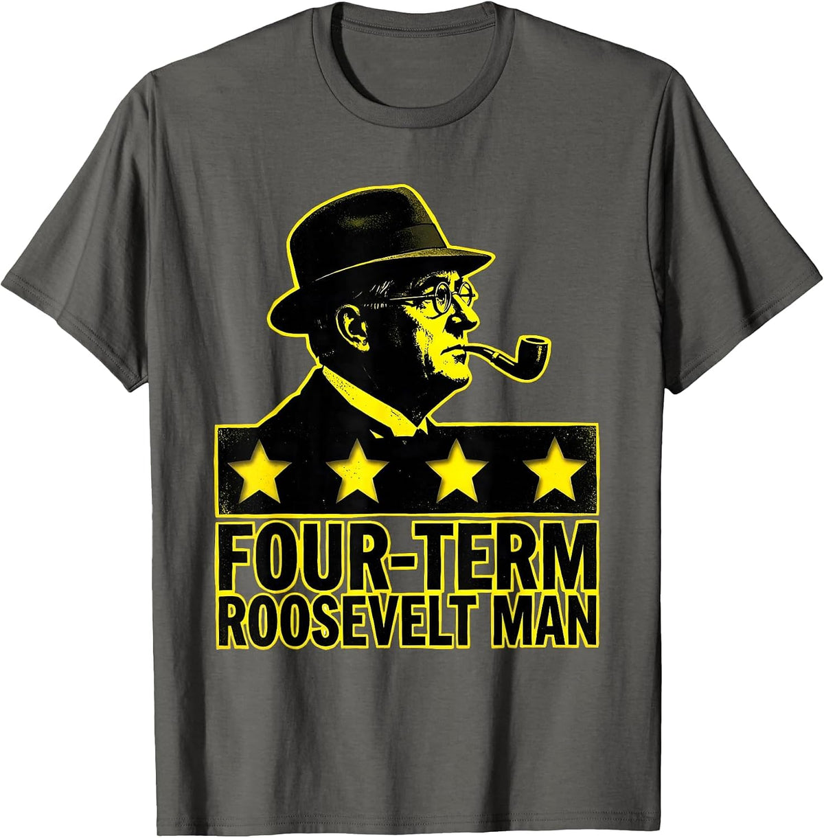 Men's Four-Term Roosevelt Man Stencil Graphic History Buff Humor T-Shirt - Asphalt Grey
