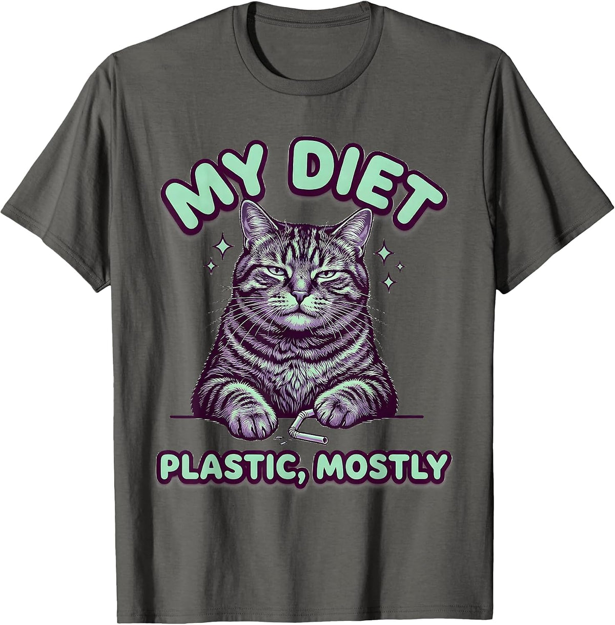Men's My Diet Plastic Mostly Funny Cat Meme Absurdist Irony T-Shirt - Asphalt Grey
