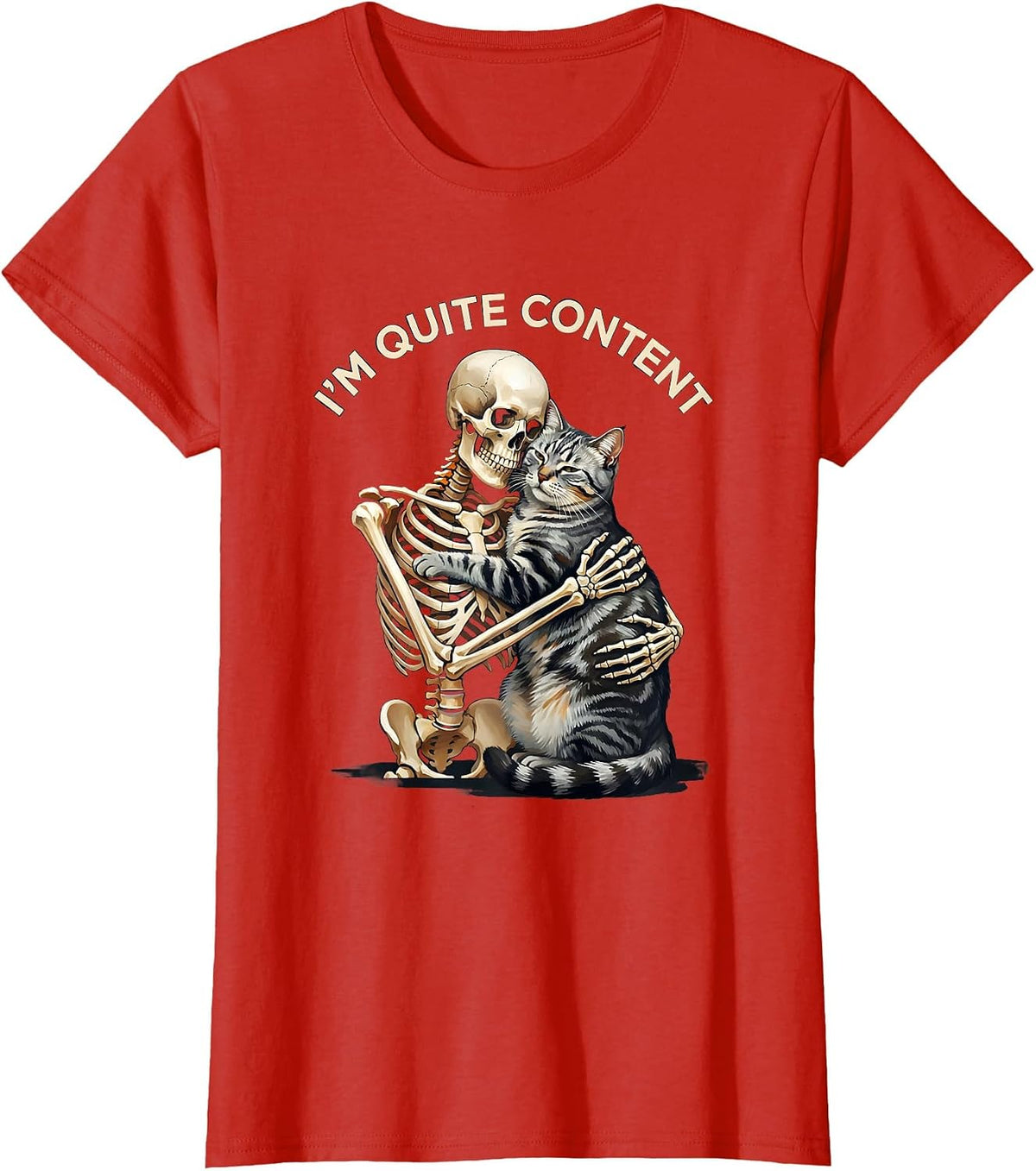 I'm Quite Content Skeleton Hugging Cat Halloween Cat Lover T-Shirt - Red