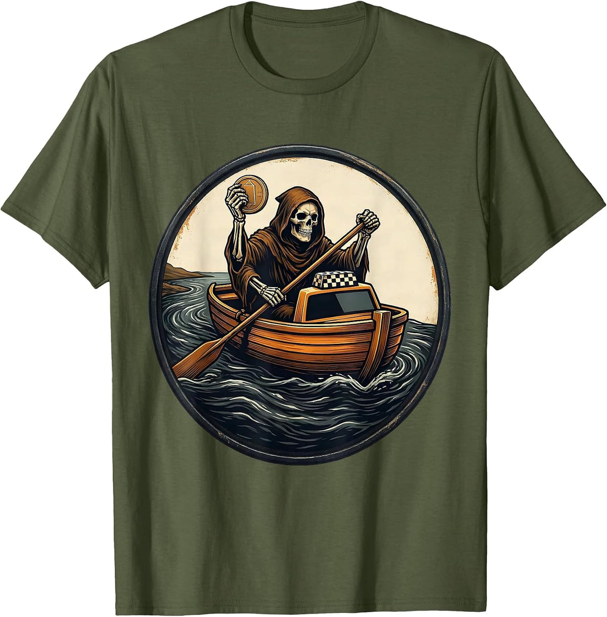 Charon Rowing God Myth Illustration Classic Humor T-Shirt - Olive Green