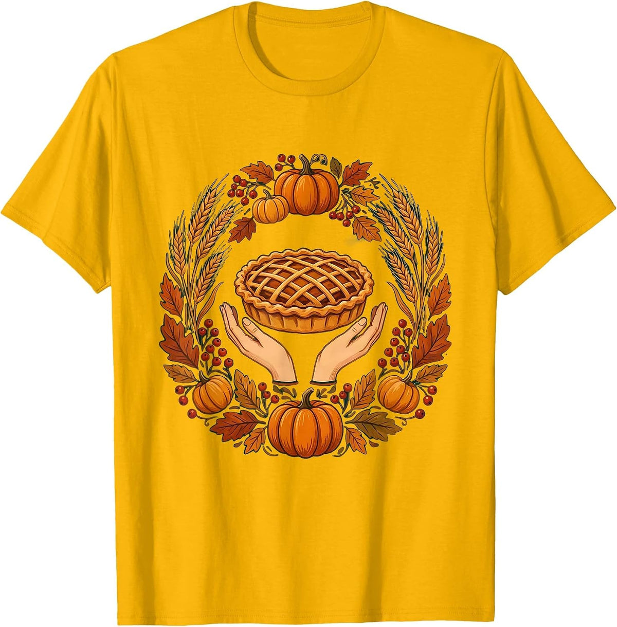 Men's Thanksgiving Pie Cradling Hands Graphic Design T-Shirt - Golden Yellow