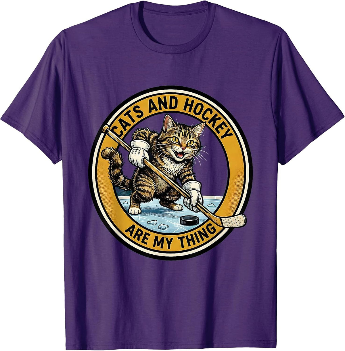 Cats And Hockey Are My Thing Retro Cartoon Cat Lover Hockey T-Shirt - Purple