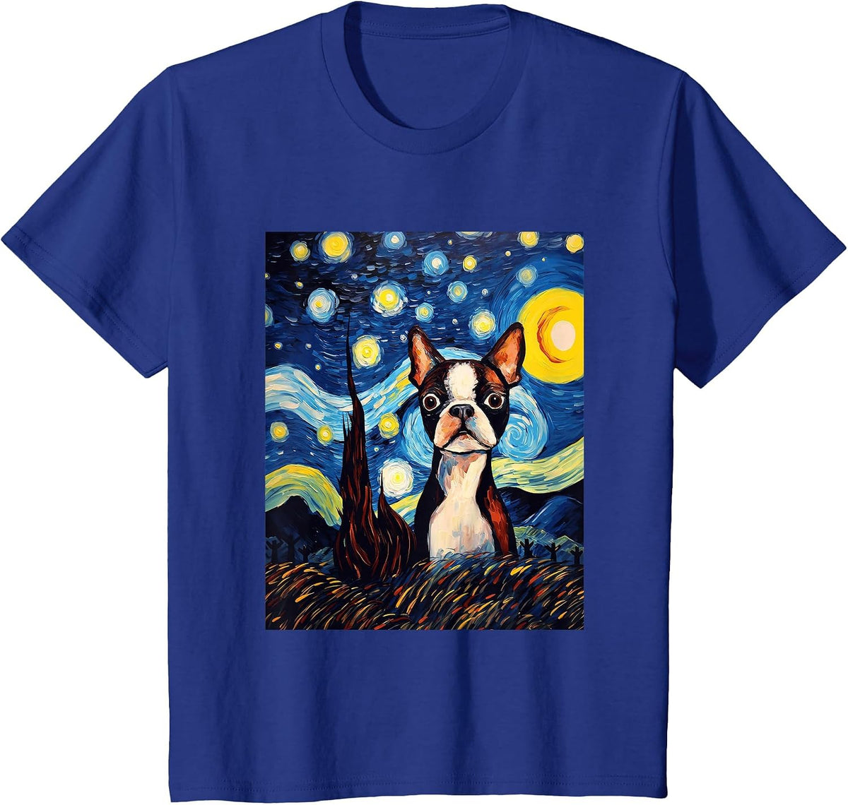 Boston Terrier Starry Night Van Gogh Art T-Shirt - Royal Blue