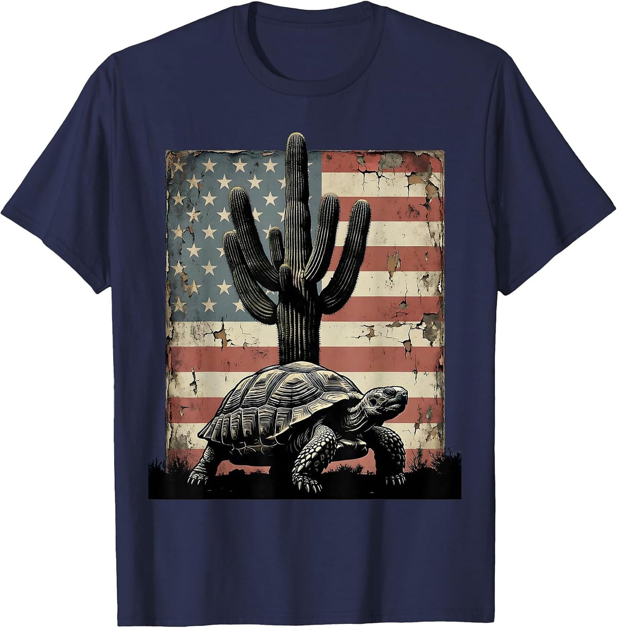 Desert Tortoise Saguaro Cactus Southwest Nature Art T-Shirt - Navy Blue