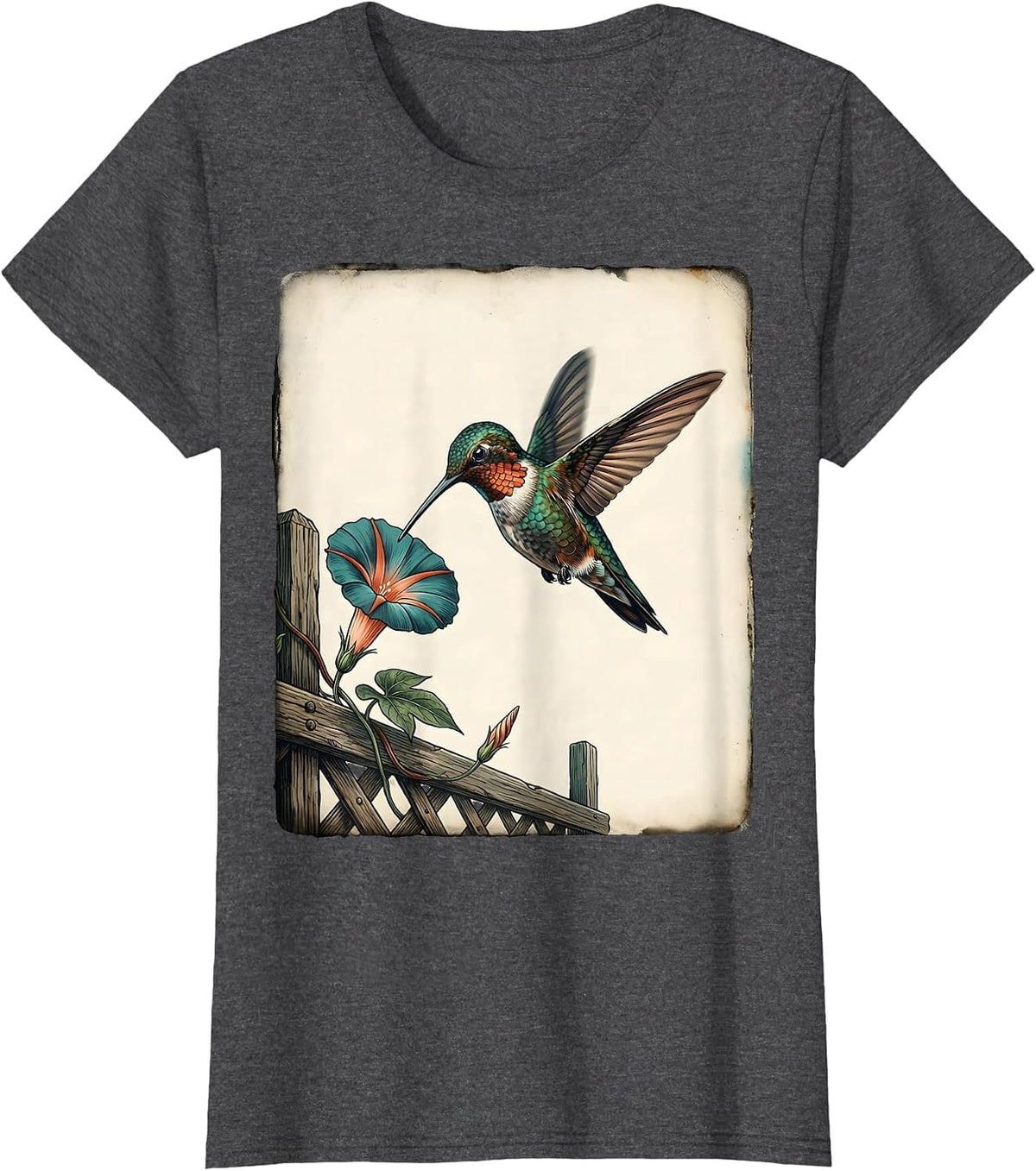 Women's Hovering Hummingbird Vintage Birdwatcher Nature Art T-Shirt - Dark Heather Grey
