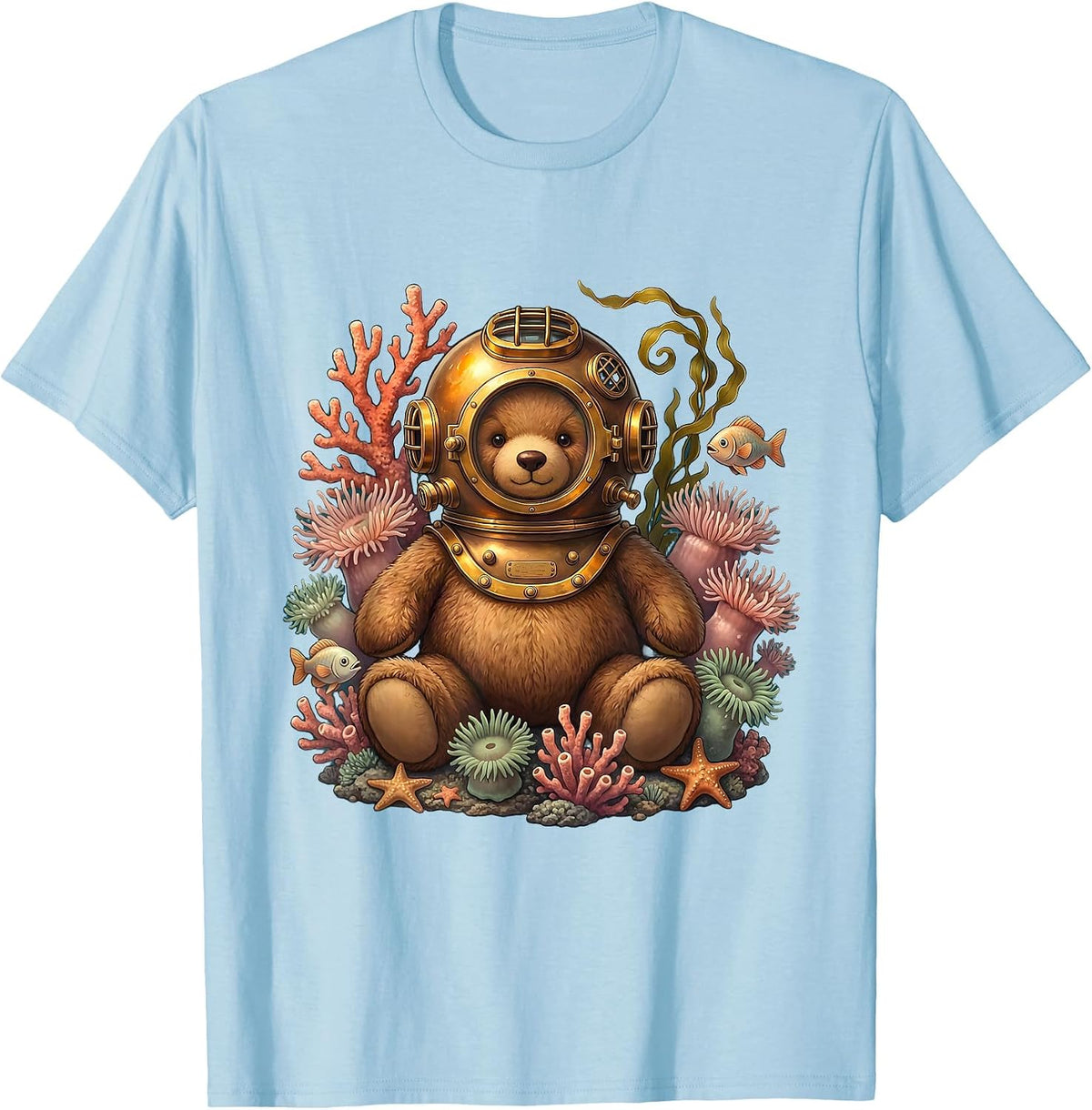 Teddy Bear Deep Sea Diver With Fish and Coral T-Shirt - Baby Blue