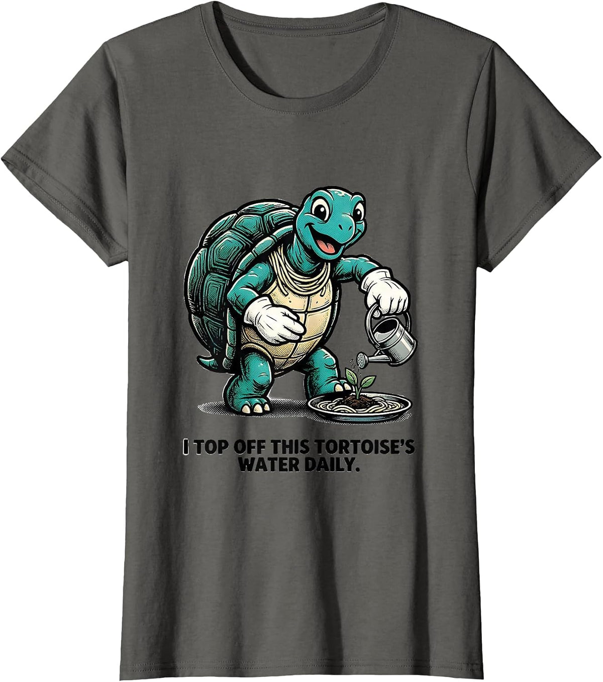 Women's I Top Off This Tortoise's Water Daily Retro Cartoon Turtle T-Shirt - Asphalt Grey