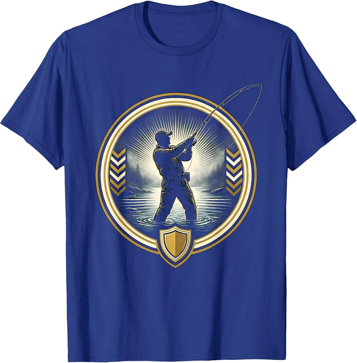 Fisherman Wading in River Fog Graphic T-Shirt - Royal Blue
