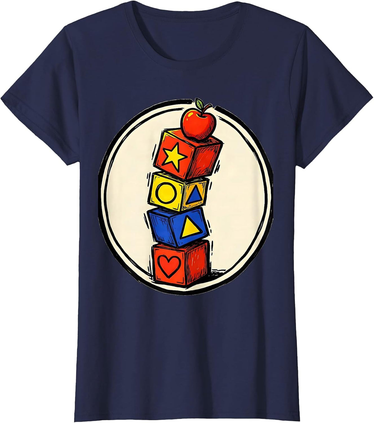 Women's Kindergarten Teacher Alphabet Blocks Tower T-Shirt - Navy Blue