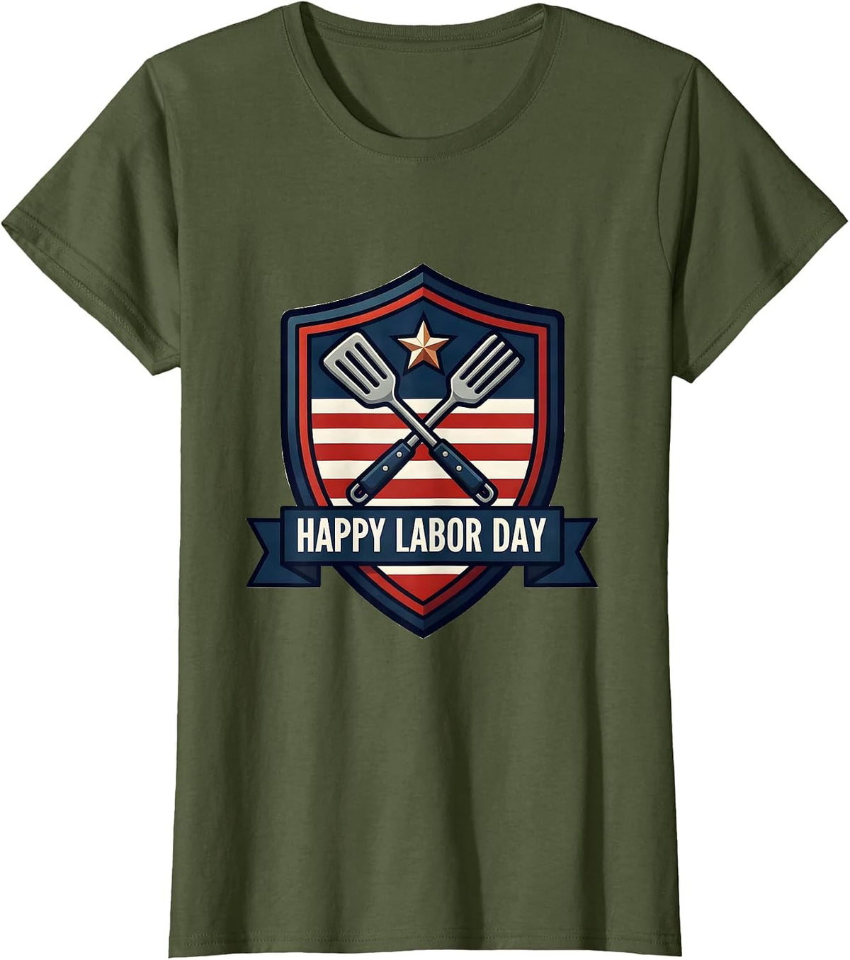 Women's Happy Labor Day Patriotic Americana Shield Emblem BBQ Gift T-Shirt - Olive Green