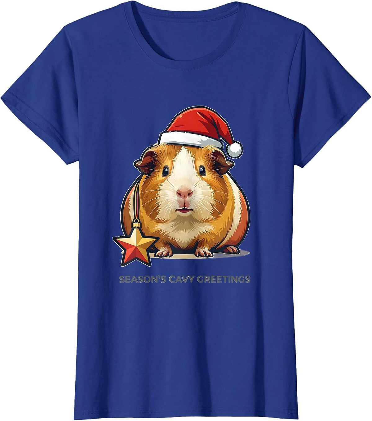 Women's Season's Cavy Greetings Whimsical Guinea Pig Christmas Santa T-Shirt - Royal Blue