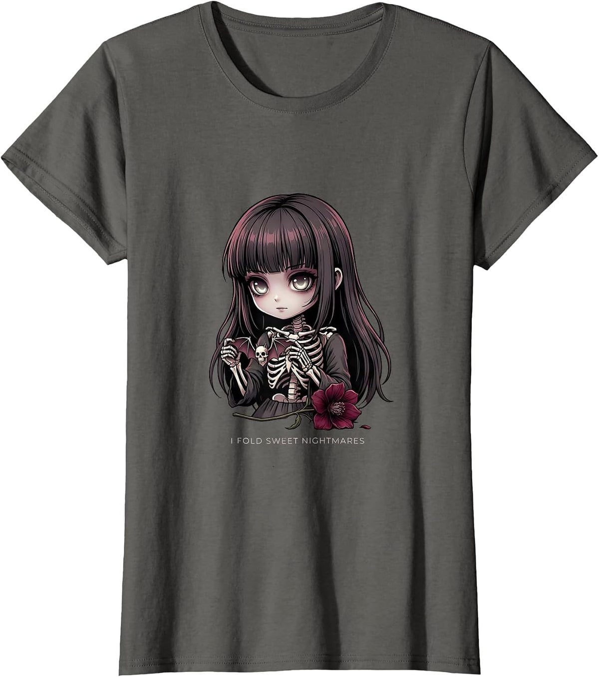 Women's I Fold Sweet Nightmares Creepy Kawaii Goth Anime Horror T-Shirt - Asphalt Grey