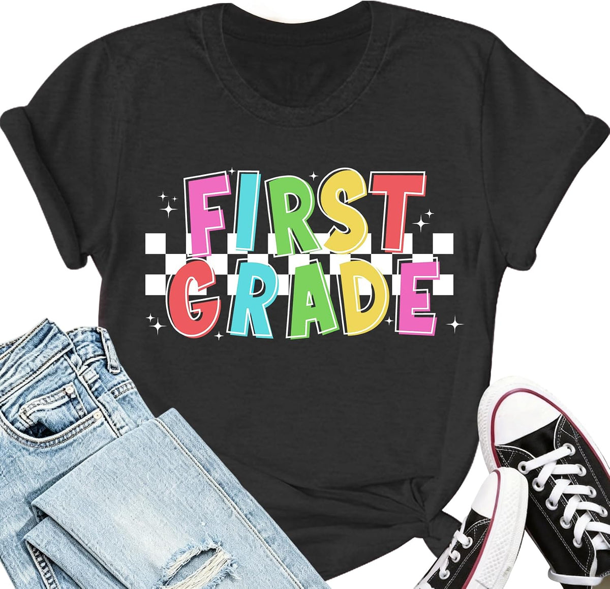 First Grade Teacher Shirts for Women: 1st Grade Letter Teach Tee - Grey1