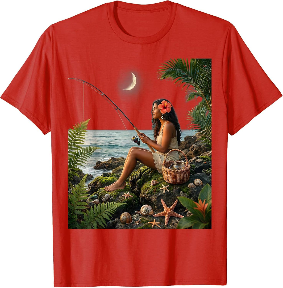 Men's Puerto Rico Coastal Cliff Fishing Illustration T-Shirt - Red