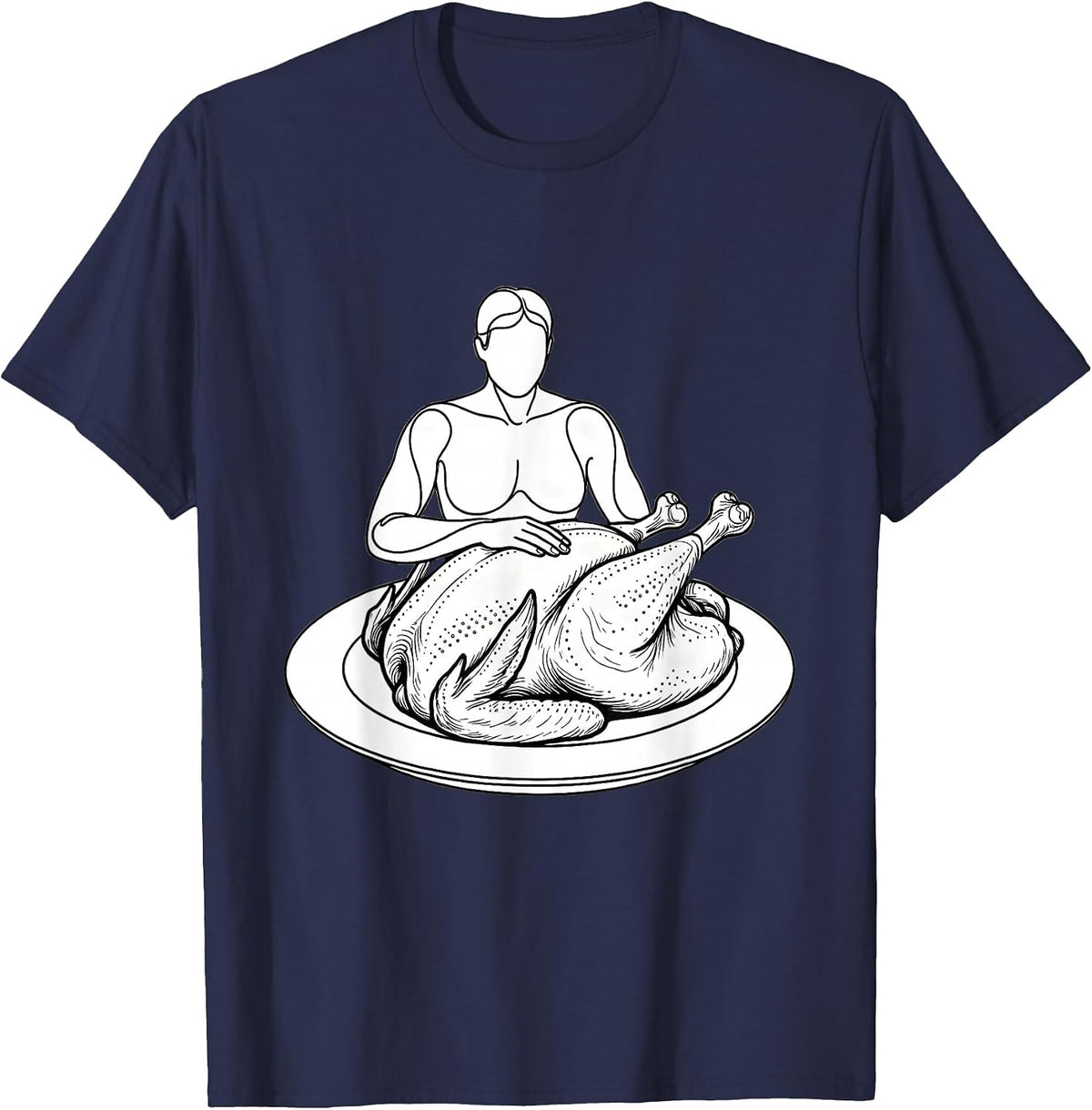Whole Roasted Turkey Line Art Funny Thanksgiving Matching T-Shirt - Navy Blue