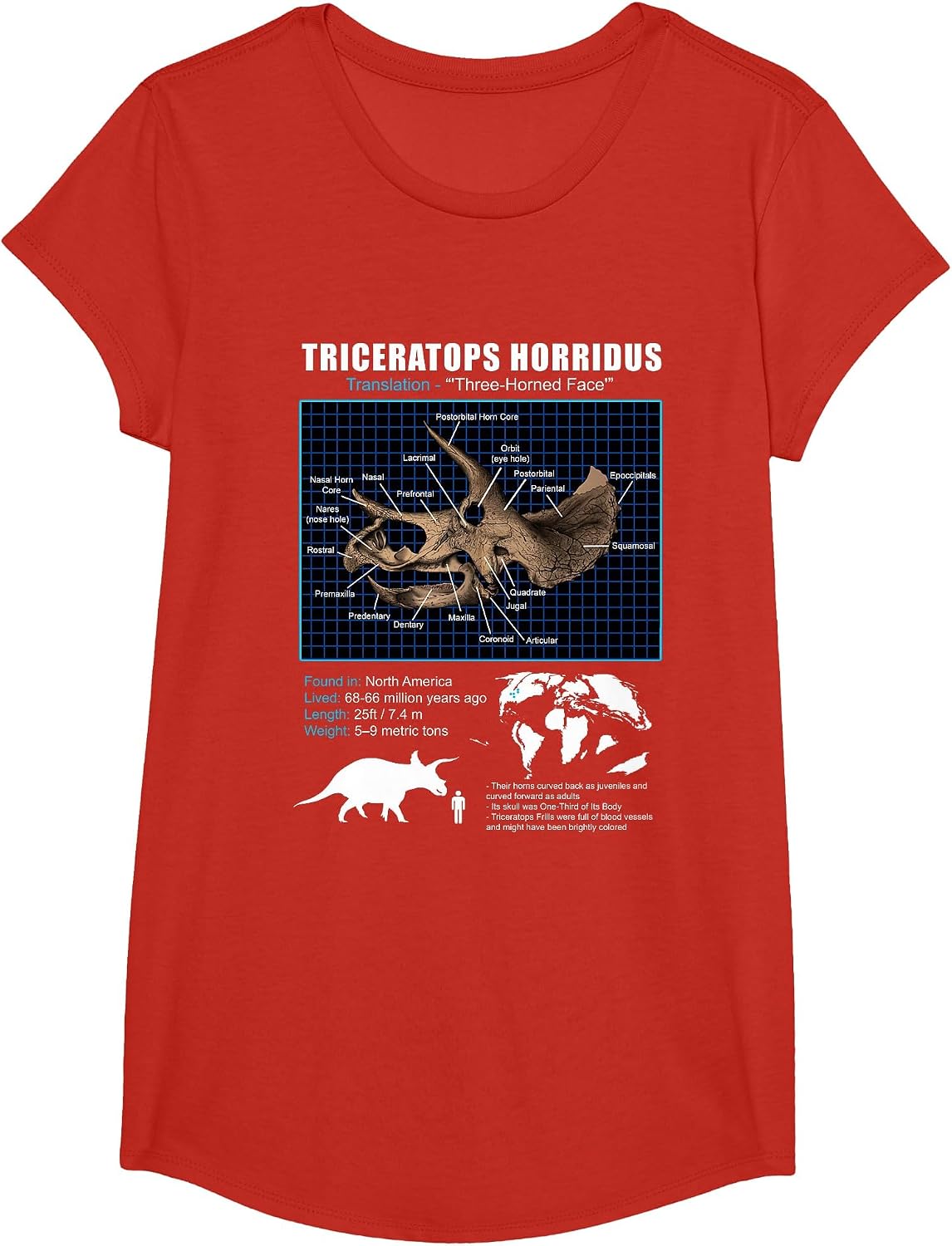 Triceratops Skull Anatomy T-Shirt - Girls Red