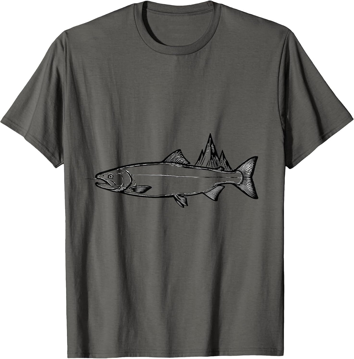 Atlantic Salmon Pulse Line Art Fishing Angler Gift T-Shirt - Asphalt Grey