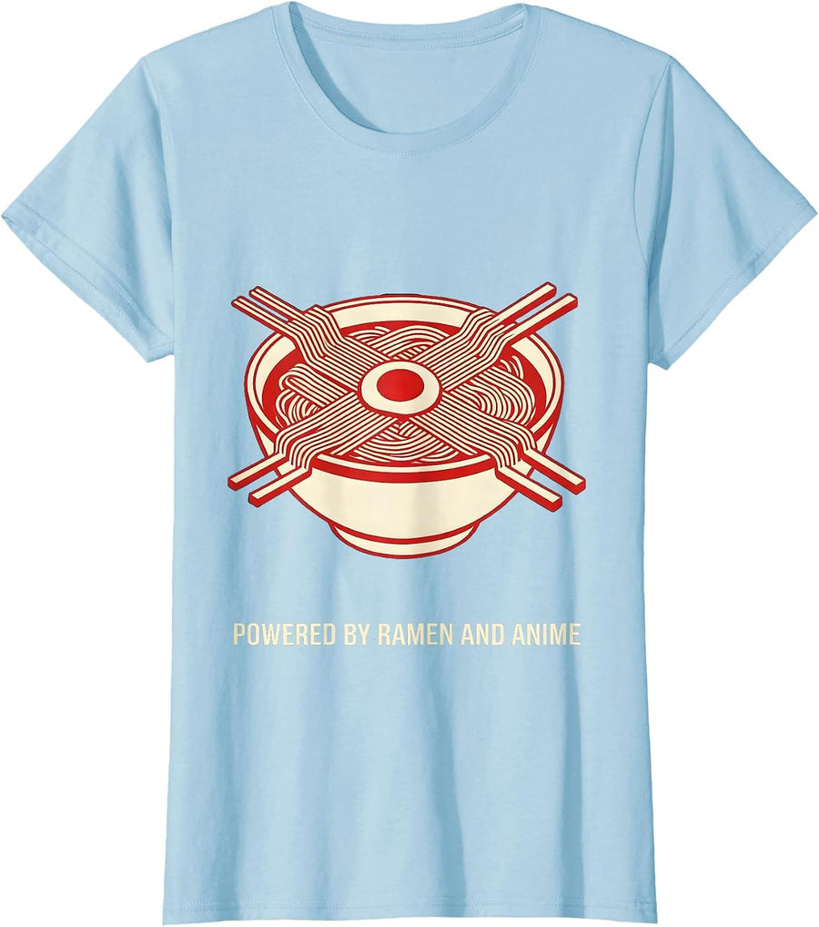 Women's Powered By Ramen And Anime Funny Ramen Lover Anime Fan T-Shirt - Baby Blue