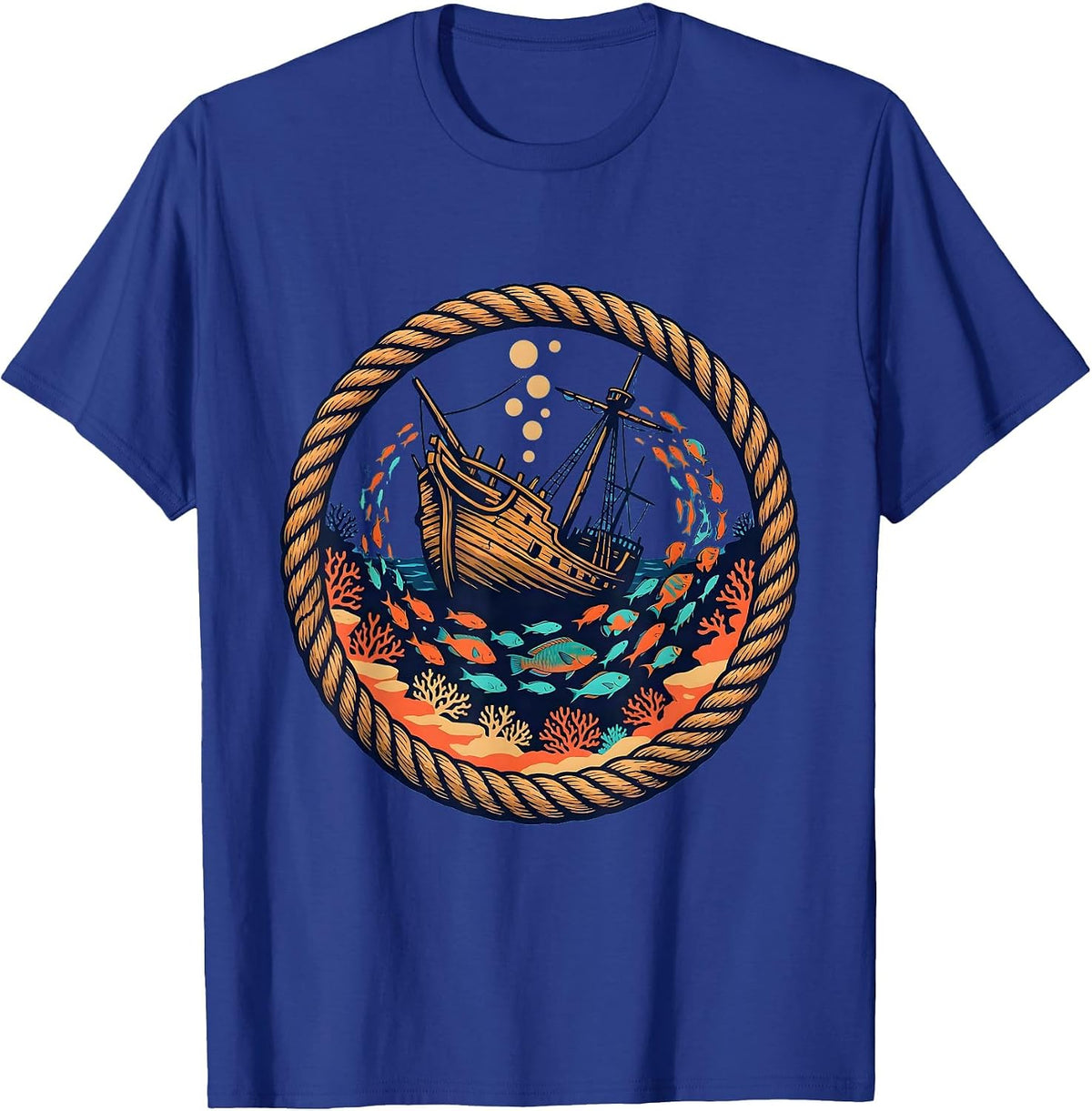Tropical Fish Shipwreck Hawaiian Ocean Art T-Shirt - Royal Blue