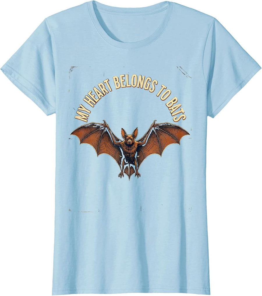 Women's My Heart Belongs To Bats Vintage Bat Lover Wildlife T-Shirt - Baby Blue