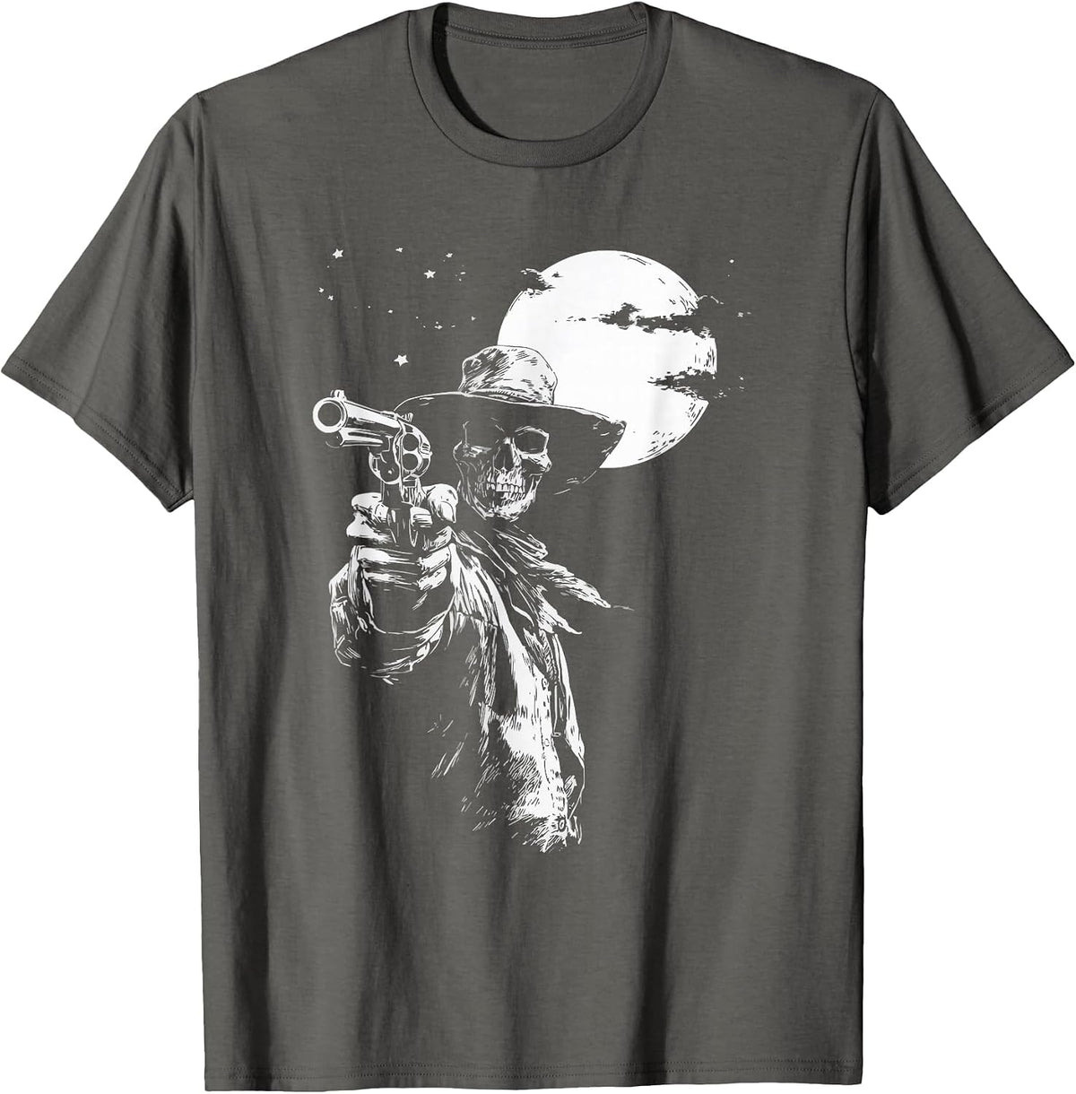 Skeleton Cowboy Gunslinger Moon Goth Outlaw Western Gothic T-Shirt - Asphalt Grey