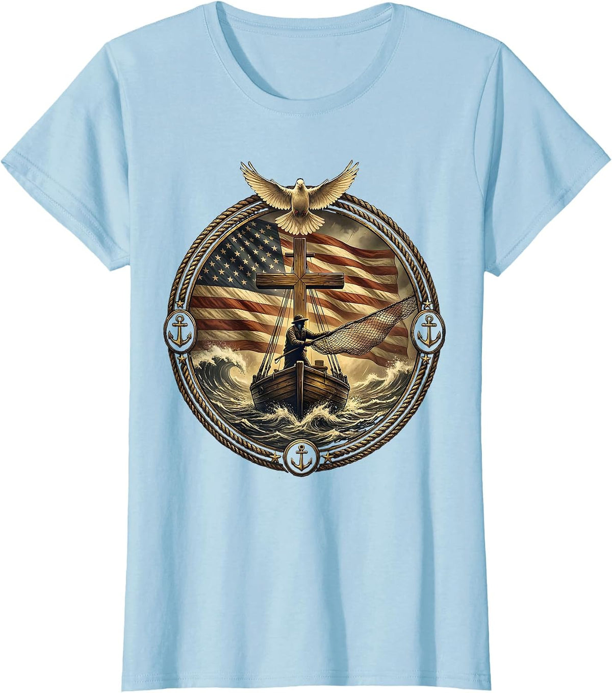 Deep Sea Fisherman Storm Casting Graphic T-Shirt - Baby Blue