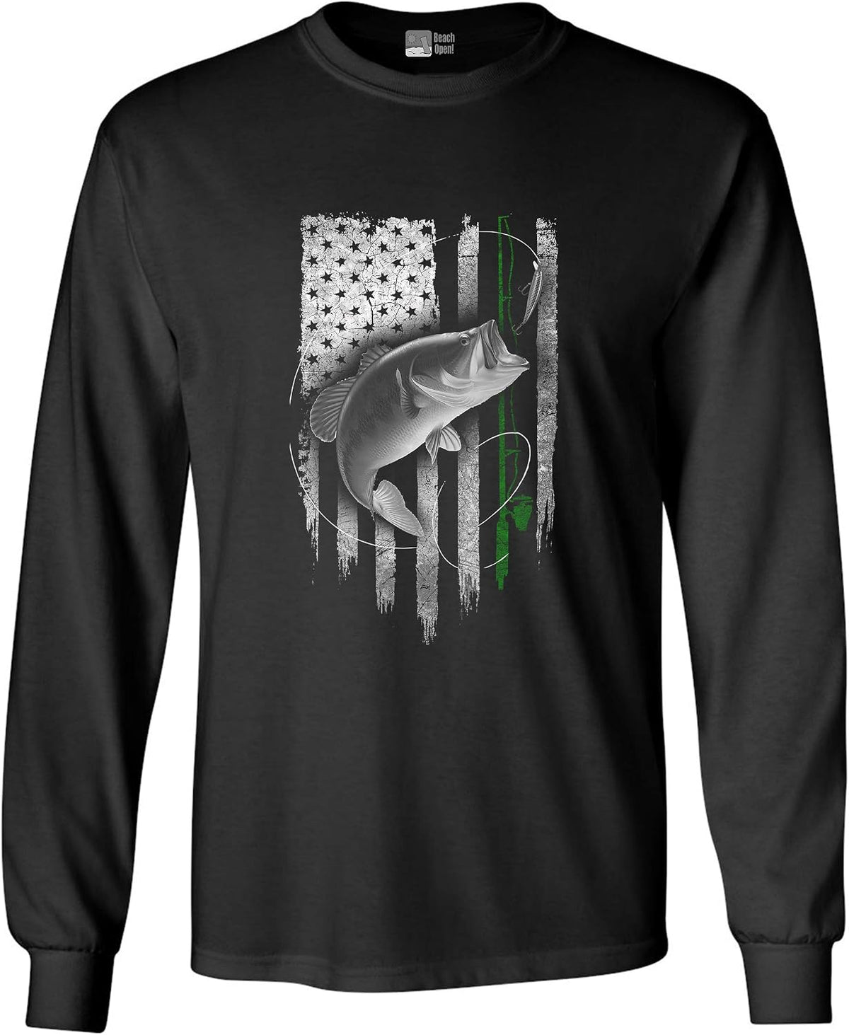 Long Sleeve Adult Tee Fish Hunting Fishing Rod American Flag USA DT - Black