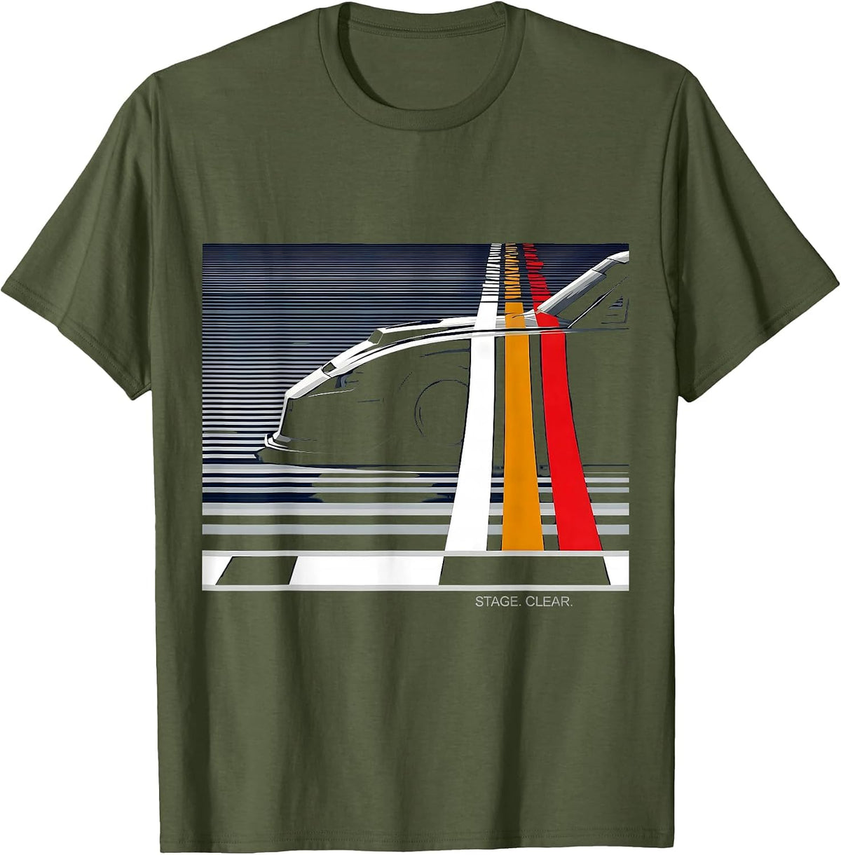 Stage. Clear Disrupted Stripe Drag Racing RC Car Enthusiast T-Shirt - Olive Green