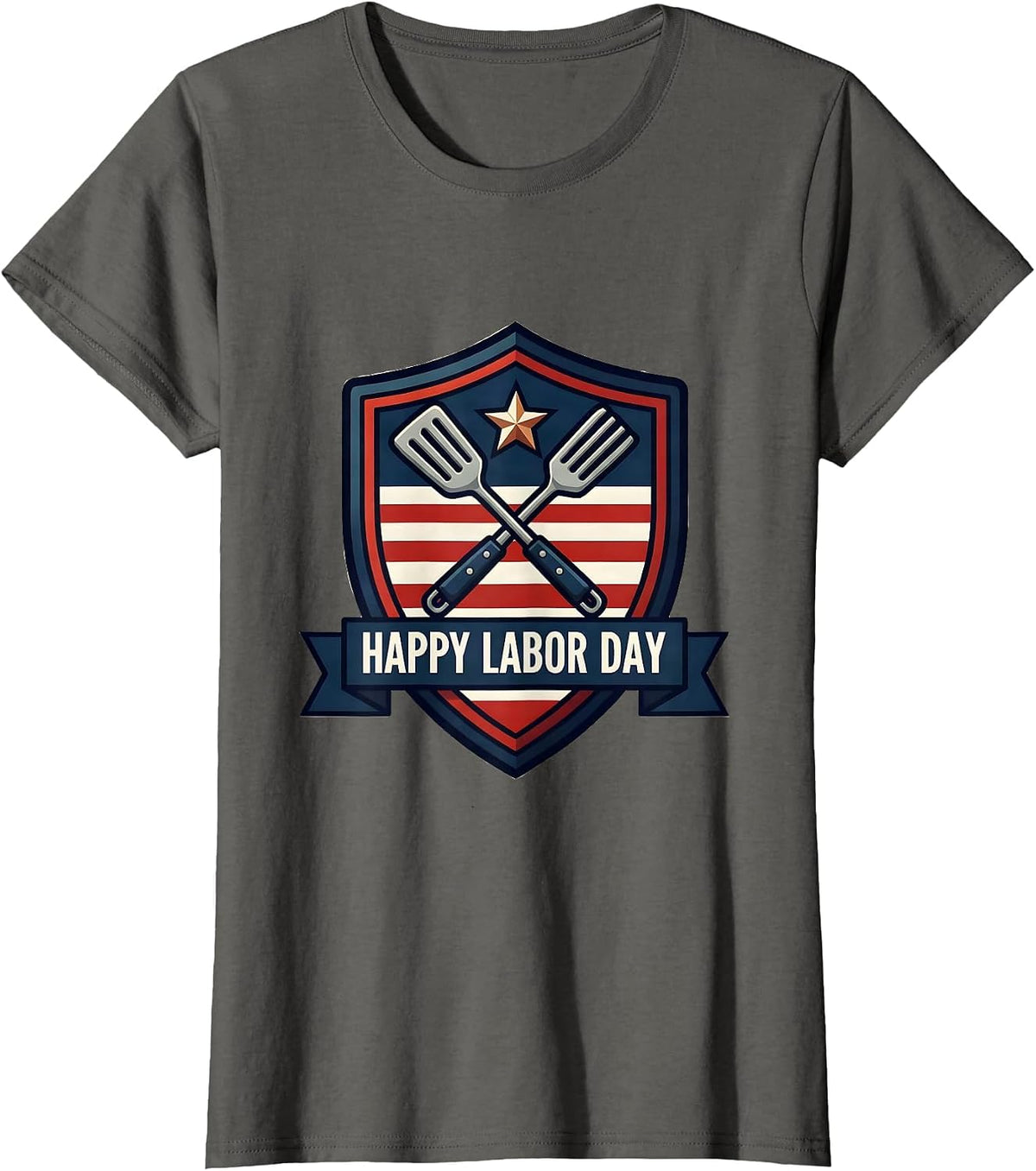Women's Happy Labor Day Patriotic Americana Shield Emblem BBQ Gift T-Shirt - Asphalt Grey
