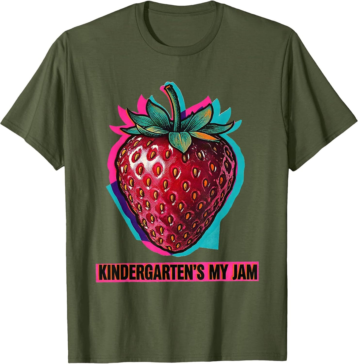 Kindergarten's My Jam Risograph Strawberry Teacher Back T-Shirt - Olive Green